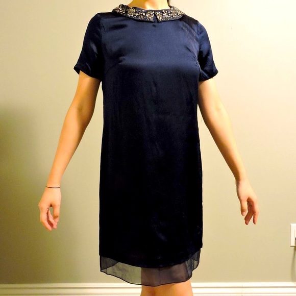 Club Monaco Silk Navy Blue Short Sleeve Mini Dress with Statement Collar - Picture 6 of 12